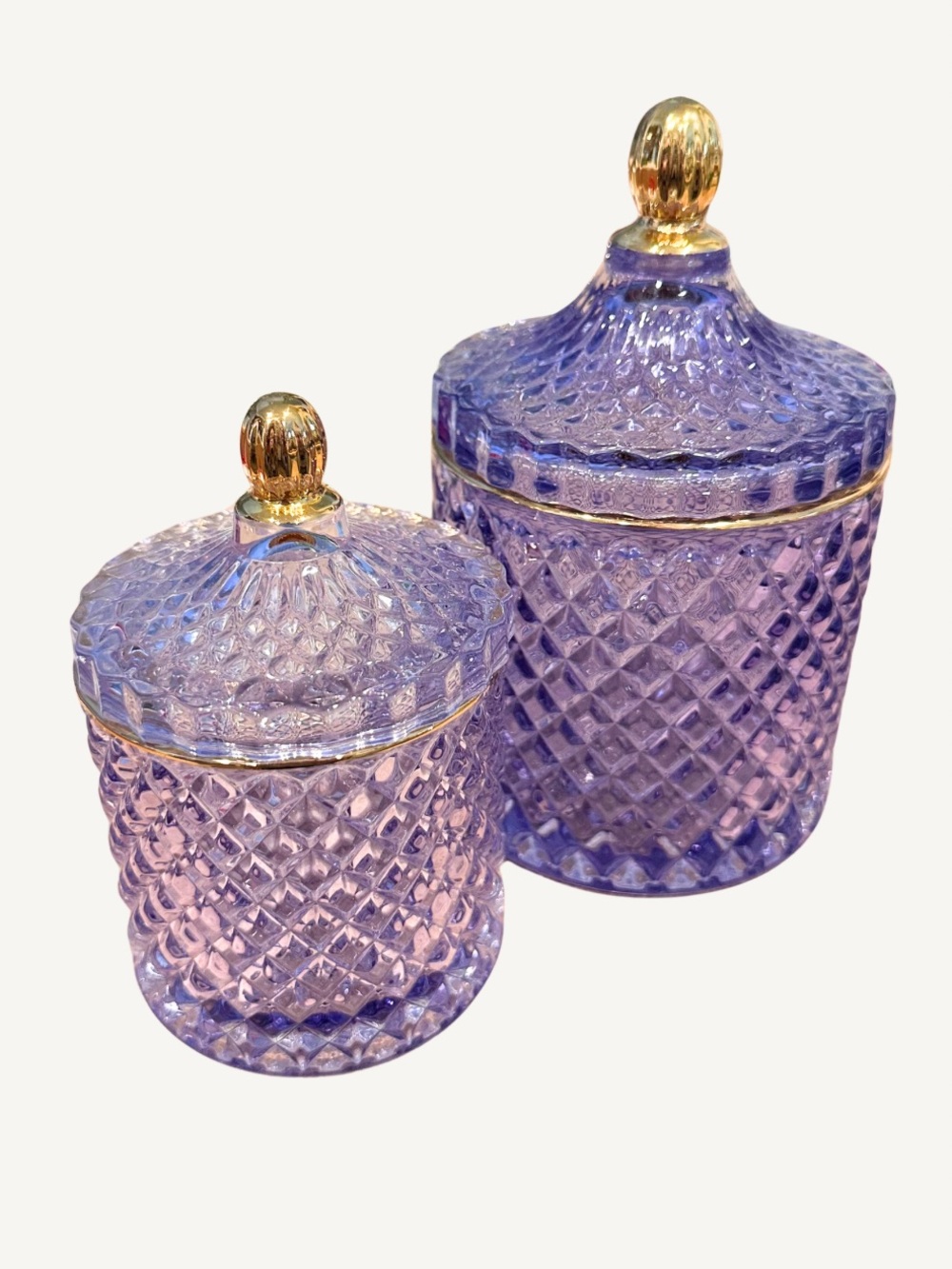 Lavender Diamond Cut Glass Apothecary Jars Gold Finial Lid Set of 2